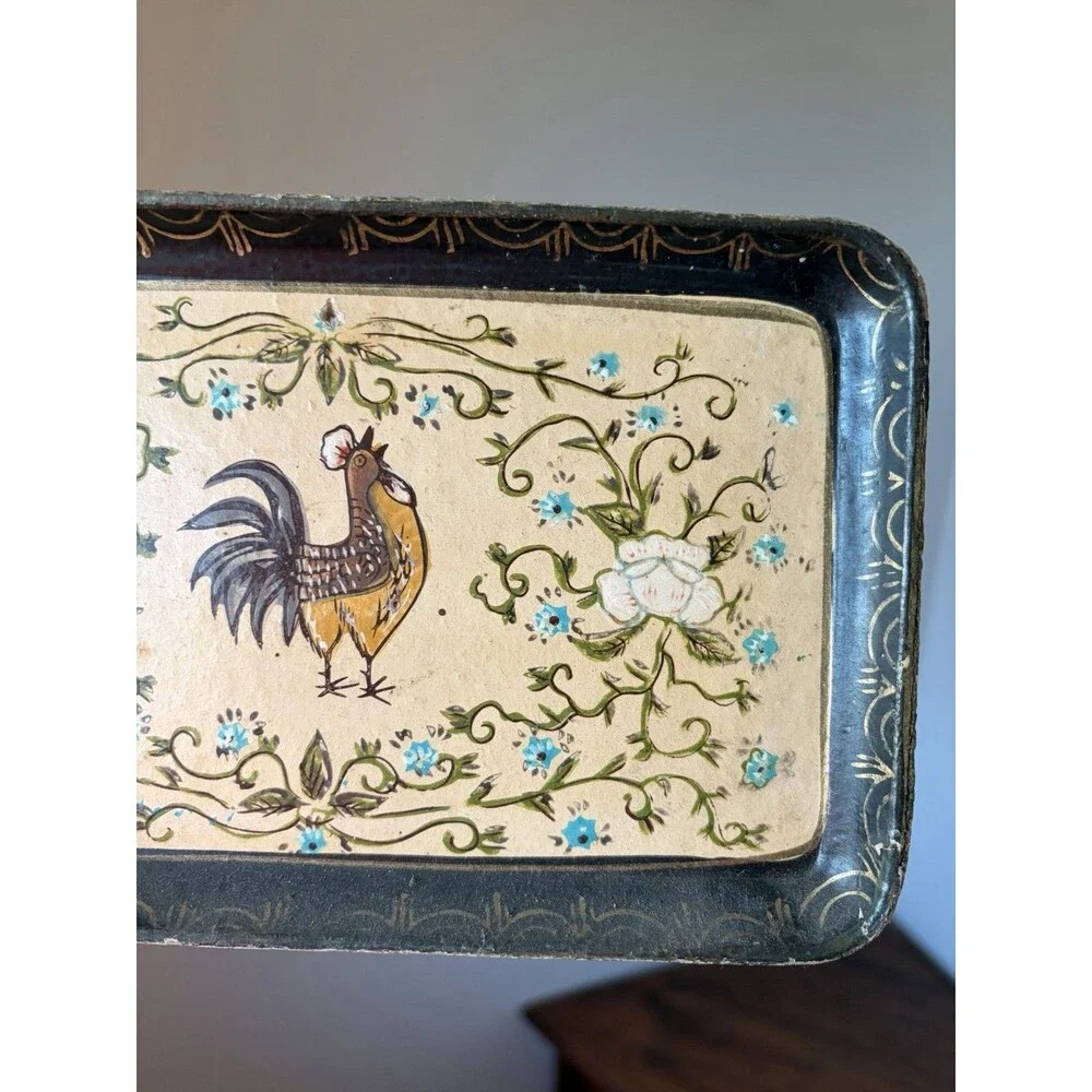 Small Rectangular Wood Serving Tray Painted Rooster Floral Country Style